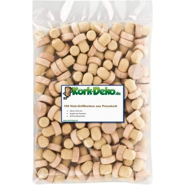 Kork-Deko Kork-Deko Griffkorken mit Holzgriff 19,5mm | Holzgriffkorken | Presskork | Für Gin, Spirituosen, Öle und Saft | Griffgröße 29 x 12 mm | 100er-Pack – Produktbild 1 von 4