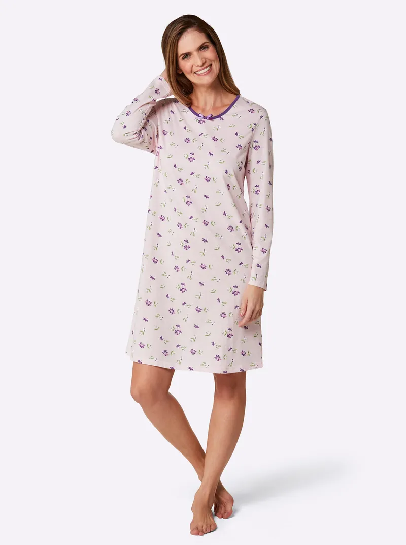 wäschepur Sleepshirts rosé-lila-bedruckt + lila, Rosé-lila-bedruckt + lila, – Produktbild 2 von 3
