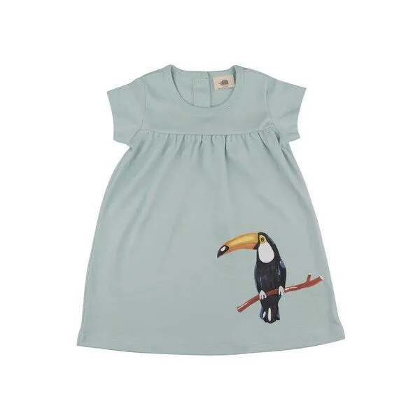 Walkiddy Baby Kleid GOTS zertifiziert, tucangrün, Kurzarm, Tukan-Print, Bio-Baumwolle, weich – Walkiddy – Produktbild 1 von 2