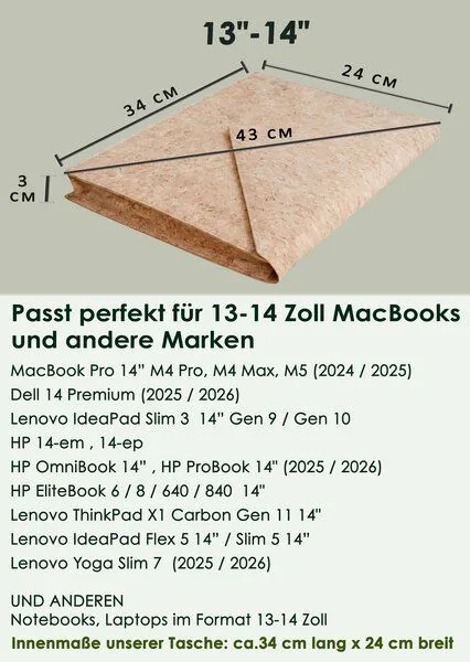 BY COPALA BY COPALA Gefütterte 13–14 Zoll Laptoptasche aus Kork | Nachhaltige vegane Laptop Hülle mit Magnetverschluss, wasserabweisend für MacBook Air & Pro, Natur, – Produktbild 3 von 4