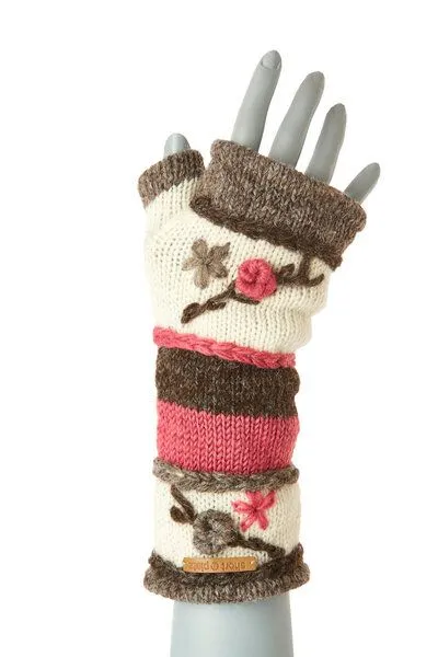 short'n'pietz short'n'pietz Schurwollhandstulpen gestreift mit Blumen bestickt, handgestrickt, Weiss altrosa grau, – Produktbild 1 von 2