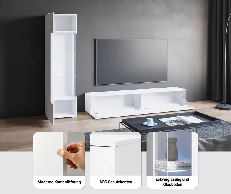 OTTO home Wohnwand Kenia, Vitrine Türanschlag links/rechts wechselbar, (Komplett-Set, 2-St), Vitrine mit Eckverglasung, hängend und stehend montierbar, Schwarz, – Produktbild 1 von 5