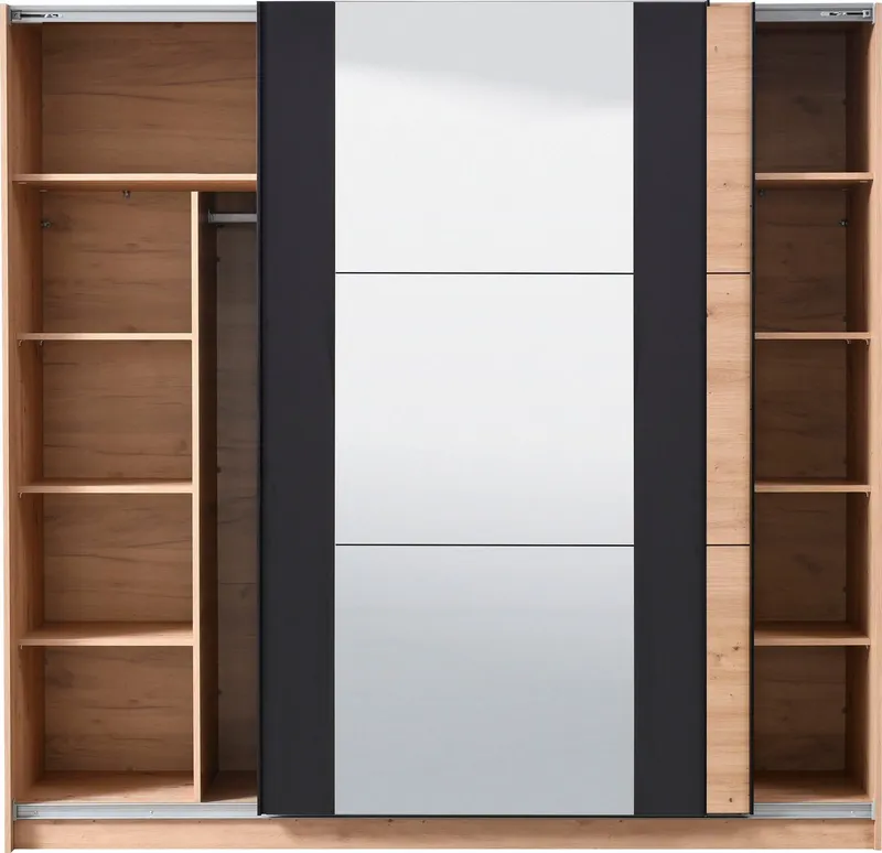 Home affaire Schwebetürenschrank Sardinia, Kleiderschrank mit Spiegel, FSC®-zertifiziert inklusive Inneneinteilung, 217x210x62,5cm, ABS Schutzkanten, Beige, – Produktbild 1 von 5