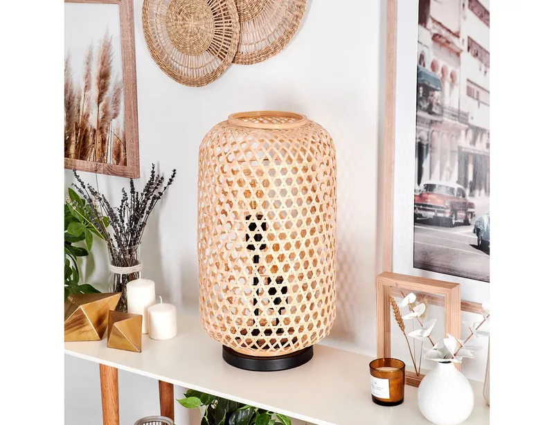 hofstein Tischleuchte moderne Boho Tischlampe aus Metall/Bambus in Schwarz/Natur, ohne Leuchtmittel, Schirm in Gitter-Optik, An-/Ausschalter, 2 x E27, ohne Leuchtmittel, Beige, – Produktbild 2 von 5