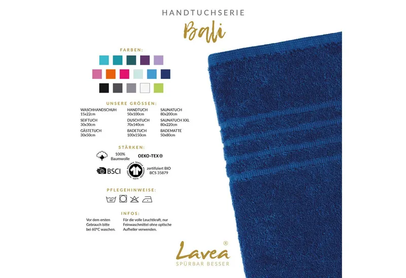 Lavea Badematte Bali Badvorleger Duschvorleger 50x80cm, Badteppich, Höhe 20 mm, Walkfrottee, mit Bordüre, plegeleicht, beidseitig nutzbar, strapazierfähig, Bio-Baumwolle, rechteckig, 1-tlg., Handtuch 850 g/m² Frottierqualität, saugstark, GOTS-zertifiziert, Blau, – Produktbild 3 von 5
