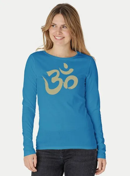 Peaces.bio - handbedruckte Biomode Peaces.bio - handbedruckte Biomode Bio-Damen-Langarmshirt "OM", Türkis, – Produktbild 2 von 3