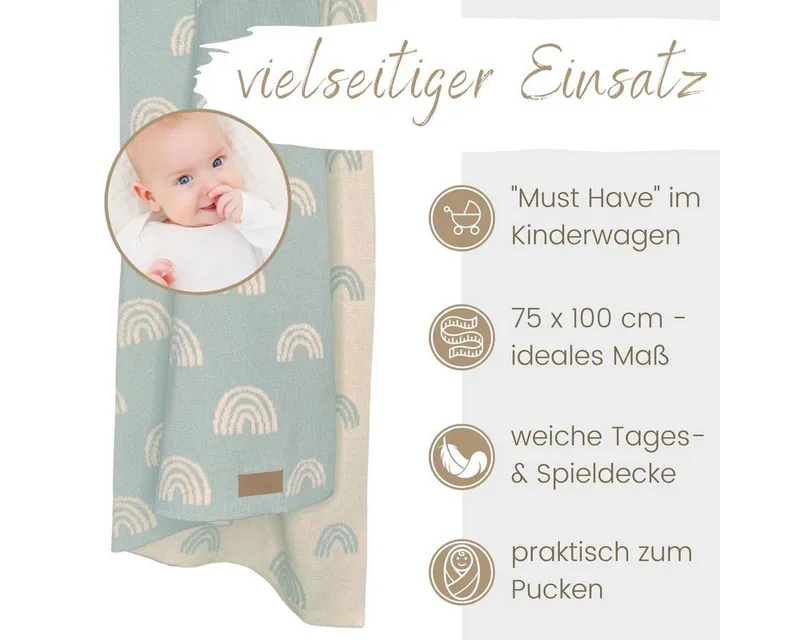 Babydecke DIKOS® aus Bio-Baumwolle - Regenbögen - Baby Decke für Neugeborene, DIKOS, Geschenk zur Geburt - Strickdecke PREMIUM Qualität - atmungsaktiv, Mint, – Produktbild 4 von 5