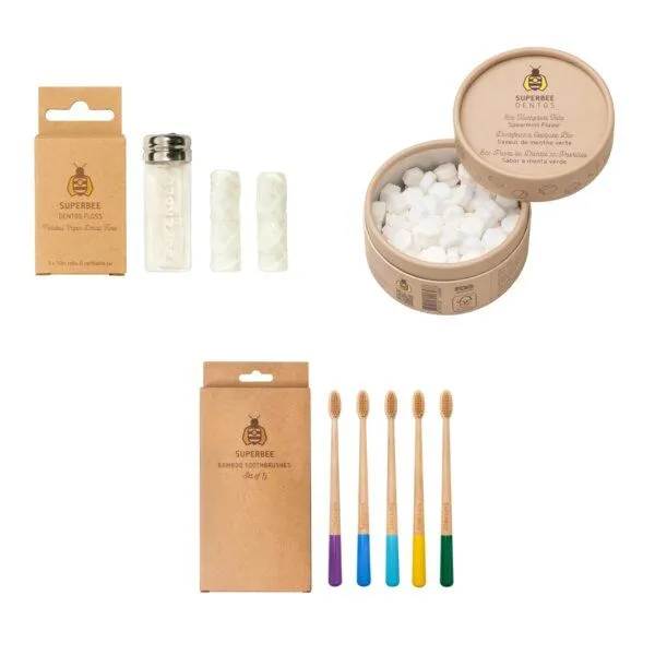 SuperBee SuperBee Öko-Zahnpflege-Set – 100 Dentos Zahnputztabs, Zahnseide im Glasflakon & 5 Bambuszahnbürsten – Produktbild 1 von 4