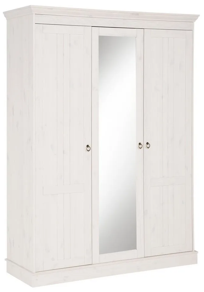 OTTO home Kleiderschrank Indra Massivholz Kiefer FSC zertifiziert Made in Europe (B/H/T ca: 145/187/54 cm) Landhausstil mit Spiegel und flexiblem Stauraumkonzept, Weiß, – Produktbild 2 von 5