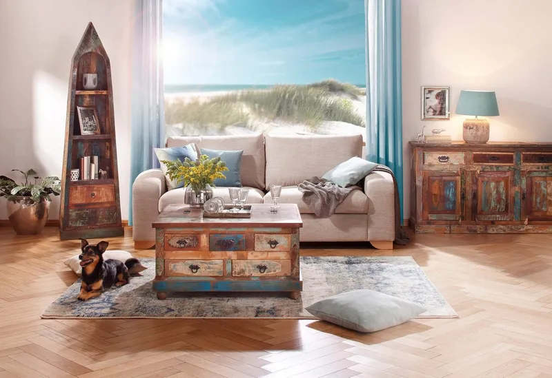 SIT Couchtisch Larnaka aus Altholz mit 5 Schubladen & 1 Klappe, Aus Holz alter Fischerboote gefertigt – individueller Vintage-Look, Bunt, – Produktbild 4 von 5