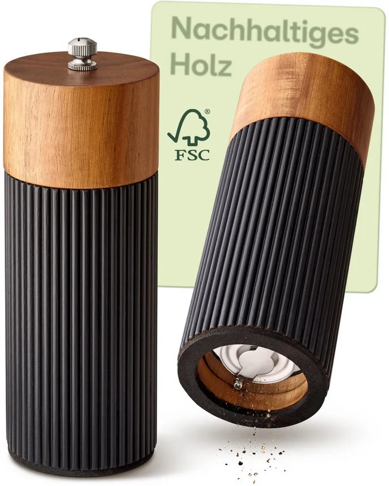 Praknu Salz- / Pfefferstreuer Salz & Pfeffermühle Set Akazien Holz – Edles Design & Keramikmahlwerk, (2er Set, 2-tlg), FSC-zertifiziert, Keramikmahlwerk, Stufenlos einstellbar, Langlebig, Schwarz, – Produktbild 1 von 5