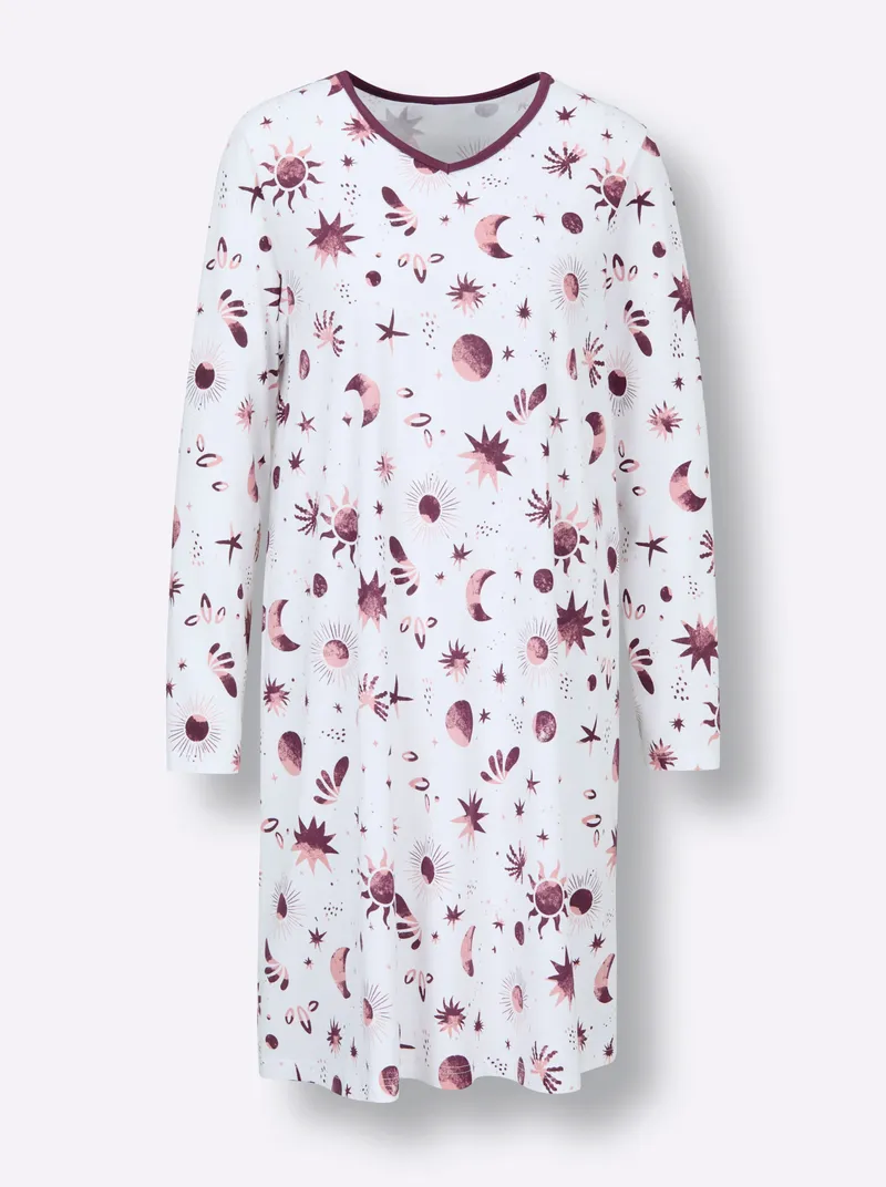 wäschepur Langarm-Sleepshirt, Ecru-burgund-bedruckt, – Produktbild 1 von 2