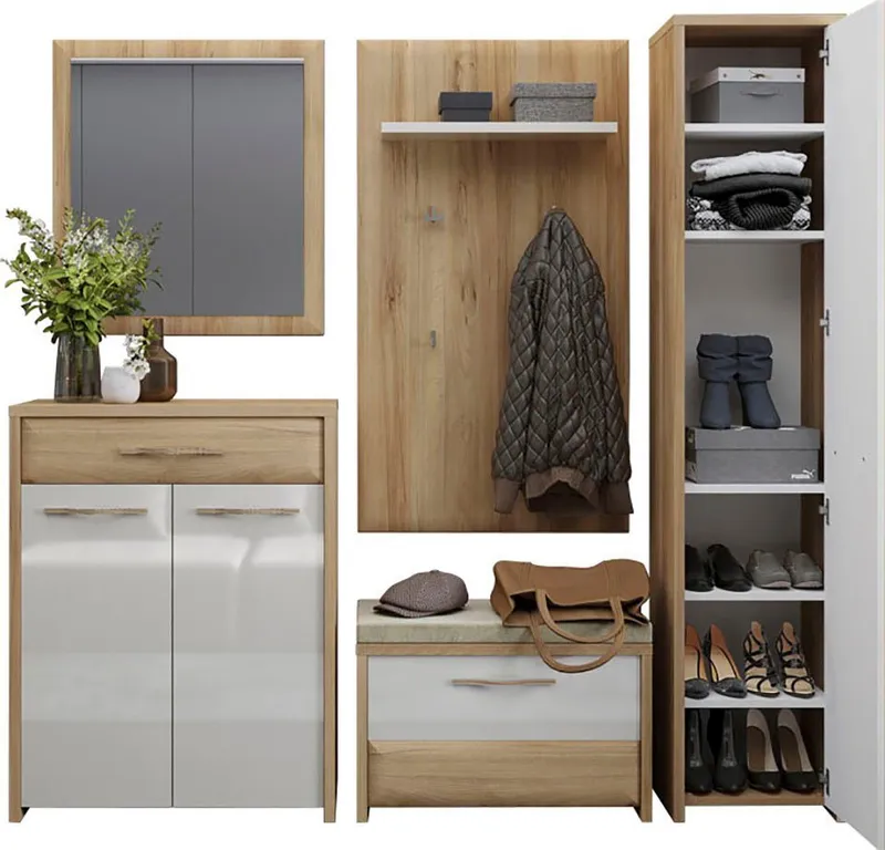 OTTO home Garderoben-Set Gala, (Set, 5-St., Garderobenschrank,Schuhschrank,Schuhbank,Garderobenpaneel,Wandspiegel), Soft-Close Funktion, Hochglanz UV lackiert, Beige|weiß, – Produktbild 2 von 8