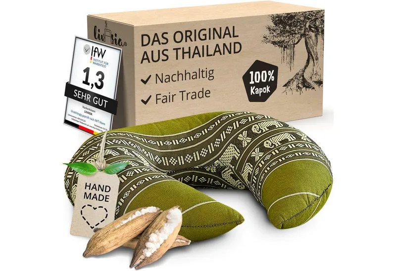 livasia Nackenhörnchen Reisekissen - 24x28x7cm, Kapok, vegan, handgefertigt, Grün, – Produktbild 1 von 5