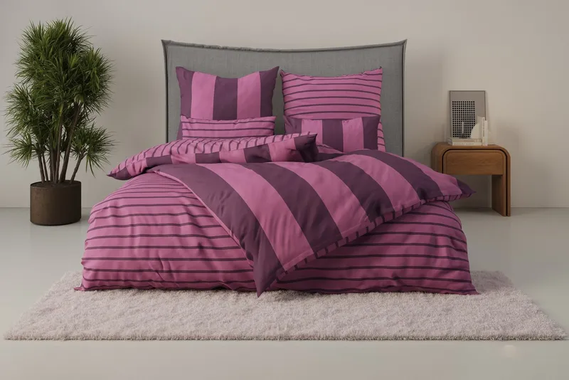 OTTO home Wendebettwäsche Sari in verschiedenen Qualitäten, Linon, 3 teilig, ab Gr. 135x200 cm, Wendedesign, moderne Bettwäsche mit Streifen, Rosa, – Produktbild 2 von 5