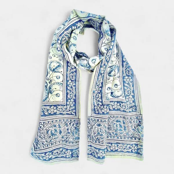 Der Lindwurm Der Lindwurm Kalamkari- Schal , Handdruck mit Pflanzenfarben, Beige/blau, – Produktbild 1 von 2