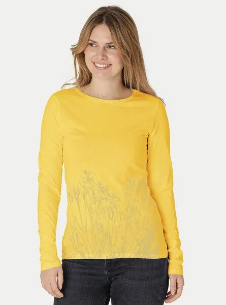Peaces.bio - handbedruckte Biomode Peaces.bio - handbedruckte Biomode Langarmshirt Damen Mystic Iris, Gelb, – Produktbild 2 von 2