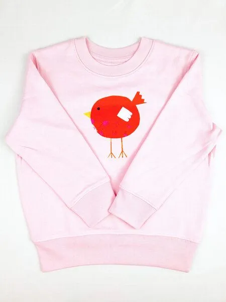 MelaDi Meladi Kinder Sweater aus Biobaumwolle - Roter Vogel auf Pink, Natural white, – Produktbild 4 von 7