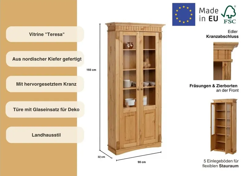 OTTO home Glasvitrine Teresa (Maße (B/T/H): ca. 90/32/193 cm) mit 2 Glastüren, Höhe 193 cm, aus massiver Kiefer, FSC®, Beige, – Produktbild 1 von 5