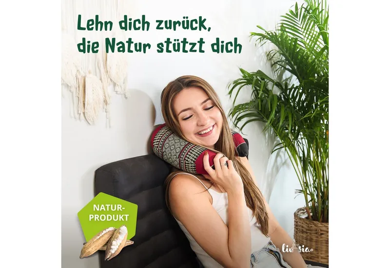 livasia Nackenhörnchen Reisekissen - 24x28x7cm, Kapok, vegan, handgefertigt, Rot|schwarz, – Produktbild 2 von 5