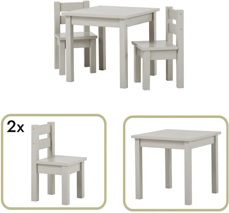 Hoppekids Kindersitzgruppe MADS aus Massivholz mit Kindertisch & passenden Stühlen, (Set, 3-tlg., 1 Tisch, 2 Stühle), in mehreren Farben, bietet viel Platz zum Spielen, Basteln und Malen, Grau, – Produktbild 1 von 4