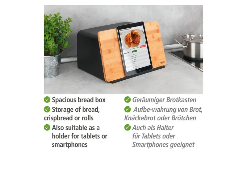 Wenko Wenko Brotkasten Modell Kubo, Bambus, Kunststoff, (1-tlg), moderne Brotbox mit integriertem Schneidebrett als Deckel, Braun|schwarz, – Produktbild 4 von 5
