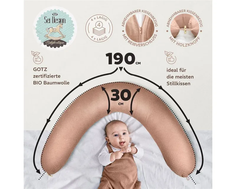 SEI Design Stillkissenbezüge Bezüg für Stillkissen Lagerungskissen Seitenschläferkissen 190x30 cm, Bio Baumwolle, Braun, – Produktbild 4 von 5