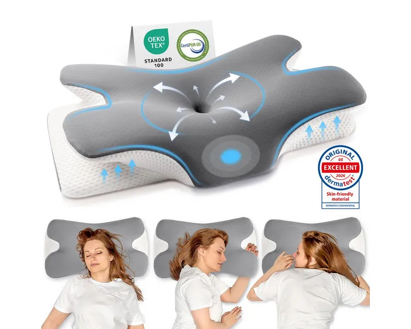 Simloveve Kopfkissen Nackenstützkissen,Schlafkissen,Nackenkissen,Seitenschläferkissen, Füllung: Kopfkissen aus Memory Foam, Bezug: kühlendes Kopfkissen, atmungsaktiv und weich, Kissen für Seiten Rücken & Bauchschläfer, OEKO-TEX® & CertiPUR-US Zertifiziert, Anti-Schnarch Ergonomisches Nackenstützkissen orthopädisches Kissen, Grau, – Produktbild 2 von 6