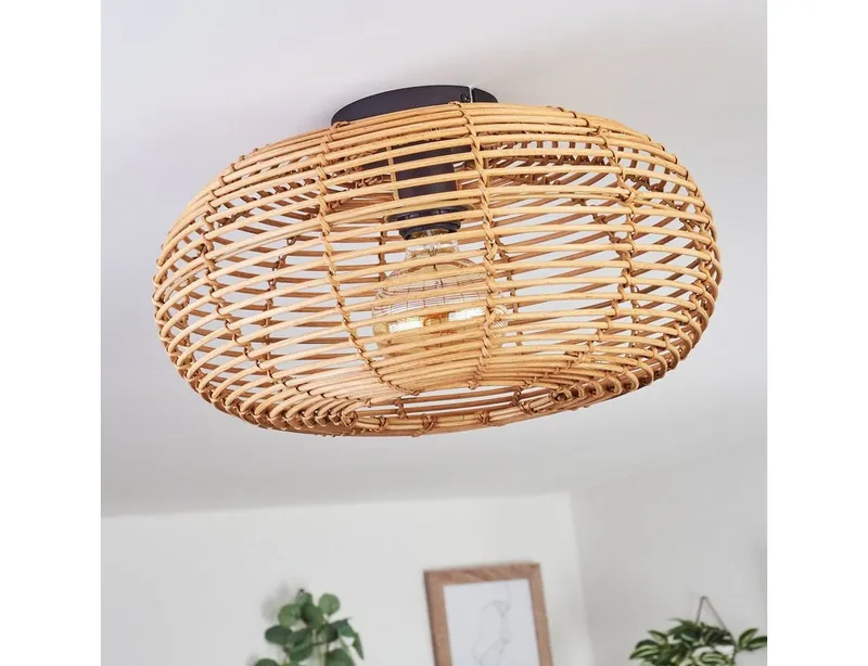 hofstein Deckenleuchte »Messerotti« runde Deckenlampe aus Bambus/Metall in Natur/Schwarz, ohne Leuchtmittel, Leuchte im Boho Design mit tollem Lichteffekt, Ø40cm, 1xE27, Beige, – Produktbild 4 von 5