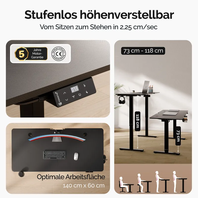 Casaria® Höhenverstellbarer Schreibtisch Schwarz (Carbon-Optik) 140x60x73-118cm, Schwarz, – Produktbild 2 von 2