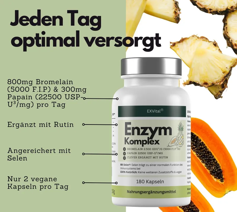 Enzym Komplex, mit 800mg Bromelain, 300mg Papain, Rutin & Selen Kapseln, 156 g – Produktbild 3 von 5