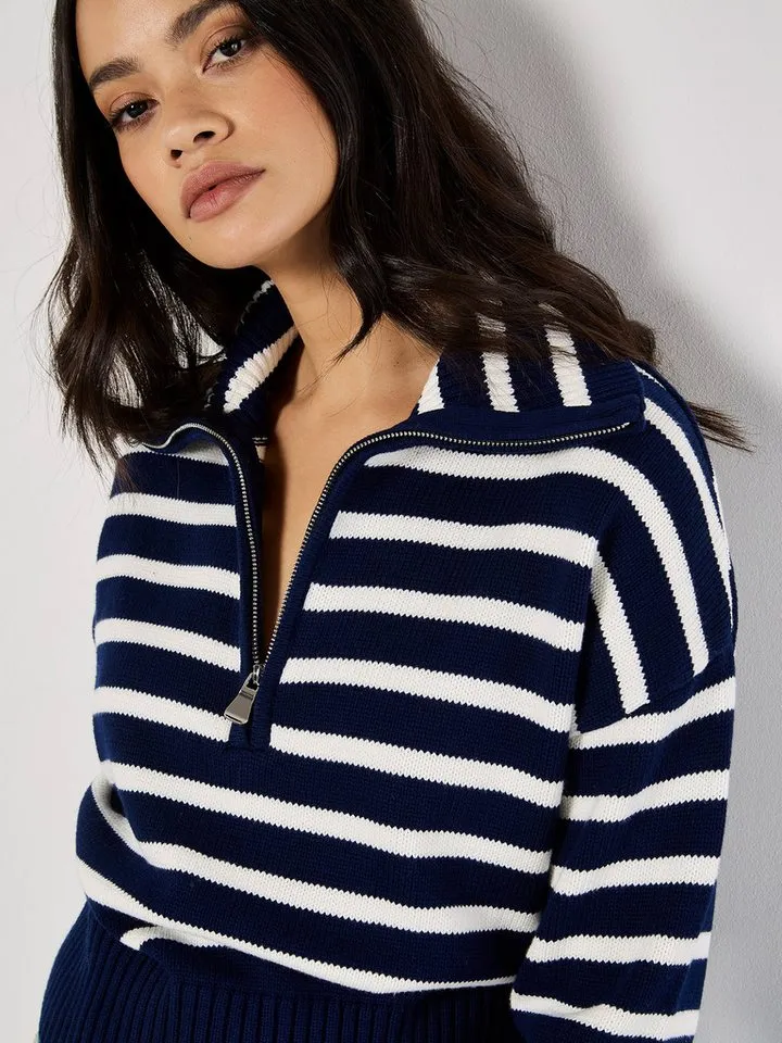 Apricot Apricot Strickpullover Streifen-Pullover mit Reißverschluss, Blau, – Produktbild 3 von 4