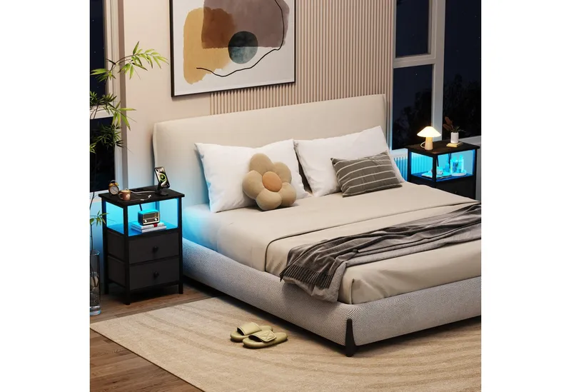 AMHANCIBLE Nachttisch 2er-Set mit integrierter Ladestation, LED-Beleuchtung & 2 Schubladen (2-St), multifunktionaler Beistelltisch mit offenem Fach, 40x30x60cm, Schwarz, – Produktbild 3 von 4