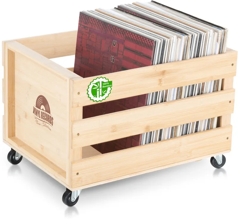 Stagecaptain Holzkiste Emil Schallplattenkiste Bambus Natur für bis zu 100 LPs (1 St), für bis zu 100 LPs - aus Vollholz im Retro-Design, Beige, – Produktbild 2 von 5