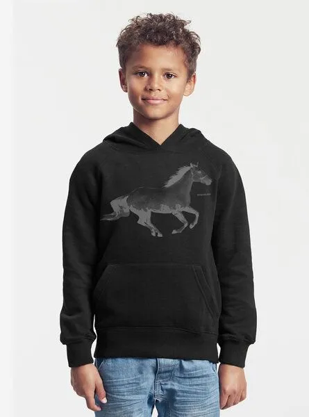 Peaces.bio - handbedruckte Biomode Peaces.bio - handbedruckte Biomode Bio-Kinder-Kapuzen-Sweatshirt "Horsepower", Schwarz, – Produktbild 2 von 2