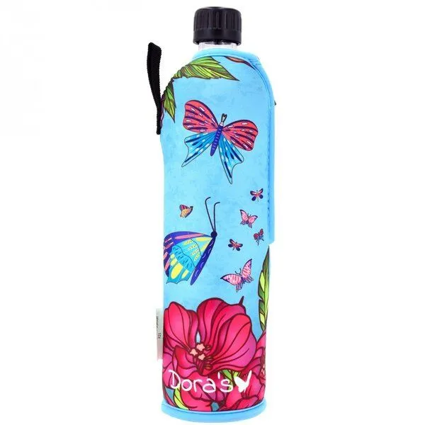 Dora's Dora's Dora’s Glas-Trinkflasche mit Neoprenbezug (0,5l) – Isoliert & Stylisch, Schmetterling blau, – Produktbild 1 von 3
