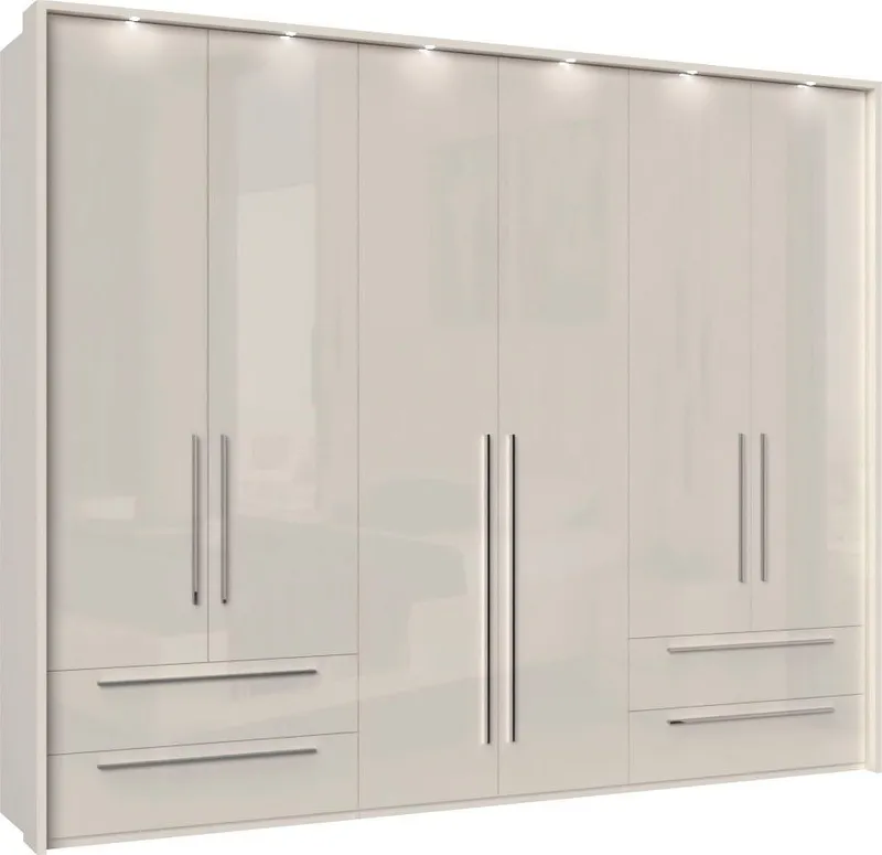 OTTO home Drehtürenschrank Piano, inklusive Rahmen und Beleuchtung, soft-close-Funktion (277 oder 322cm breit, 226cm hoch, mit 4 Schubladen) UV lackiert, hochglänzend weiß oder beige, FSC-zertifiziert, Beige|grau, – Produktbild 5 von 7