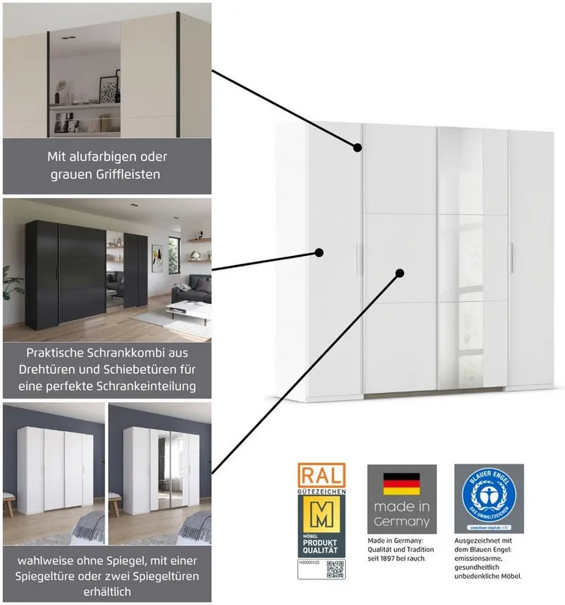 Rauch Rauch Schwebetürenschrank Kleiderschrank Drehtürenschrank Schrank Garderobe KRONACH (in 3 Ausstattungen BASIC/CLASSIC/PREMIUM, Breiten 225/268/311/354 cm) Kombischrank optional mit 1 oder 2 Spiegel viele Böden MADE IN GERMANY, Beige, – Produktbild 5 von 8