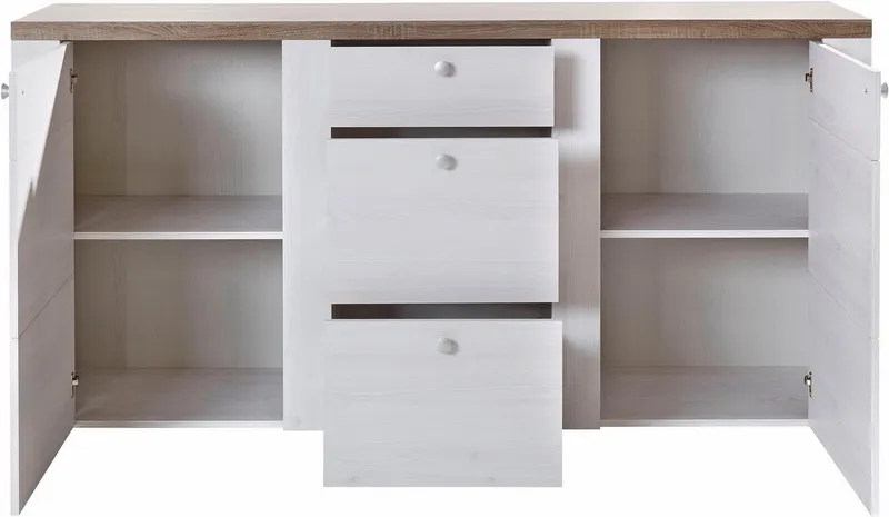 OTTO home Sideboard Larona, zeitlose Kommode mit 2 Türen, 3 Schubkästen, Türkommode, Höhe 84 cm, viel Stauraum, Anrichte mit dekorativer Rahmenoptik, Weiß, – Produktbild 4 von 5