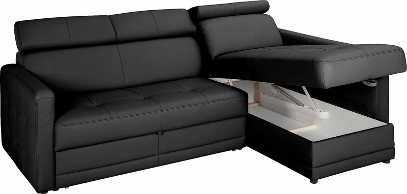 exxpo - sofa fashion Ecksofa Arles, Federkern, zeitlos, Breite 225cm, L-Form, wahlweise mit Bettfunktion und Bettkasten, inkl. Kopfteilverstellung, Schwarz, – Produktbild 2 von 4