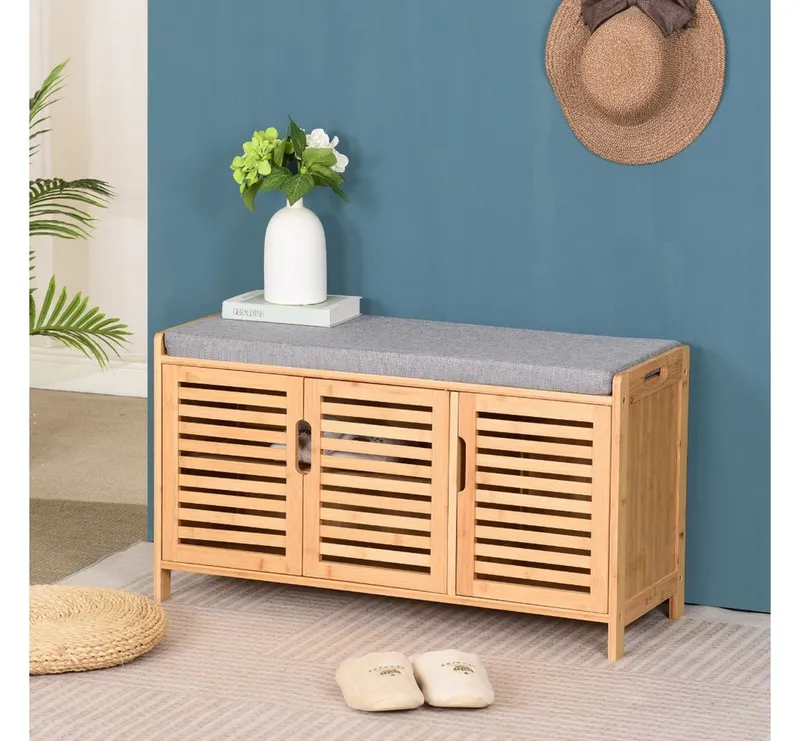 AD.CON Schuhbank Schuhbank aus Bambus mit Schrank und Sitzkissen Sitzbank Schuhregal, Grau, – Produktbild 4 von 5