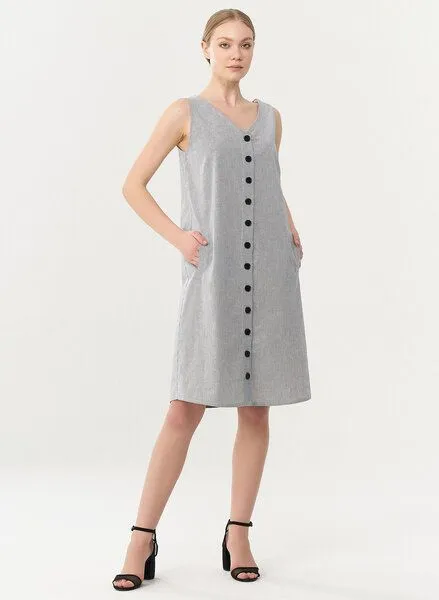 ORGANICATION ORGANICATION Geknöpftes Kleid aus Bio-Baumwolle mit Streifenmuster, Shadow/off white, – Produktbild 1 von 3