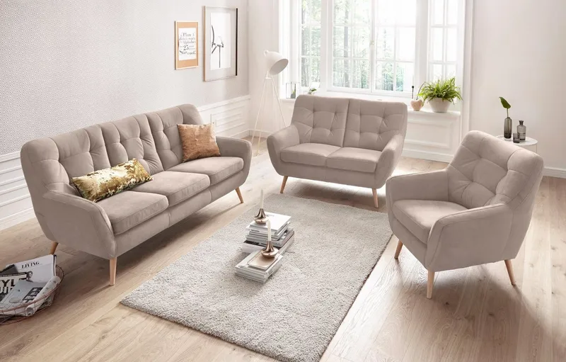 exxpo - sofa fashion 3-Sitzer Scandi, bequem, aufwendige Rückenpolsterung für mehr Sitzkomfort, aktuelle Farben in hochwertigen Bezugsqualitäten, Holzfuß, Grau, – Produktbild 3 von 5