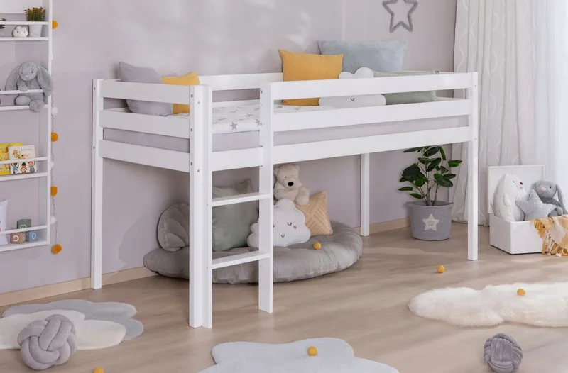 TICAA TICAA Hochbett Malte, FSC®-zertifizierte Kiefer (90x200cm Liegefläche, Höhe 114cm) mit Rollrost, Weiß, – Produktbild 2 von 5