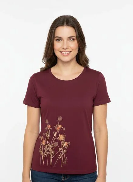 Spangeltangel Spangeltangel Damenshirt mit Distel-Motiv aus Bio-Baumwolle, Natur-Motiv, Rot, – Produktbild 2 von 3