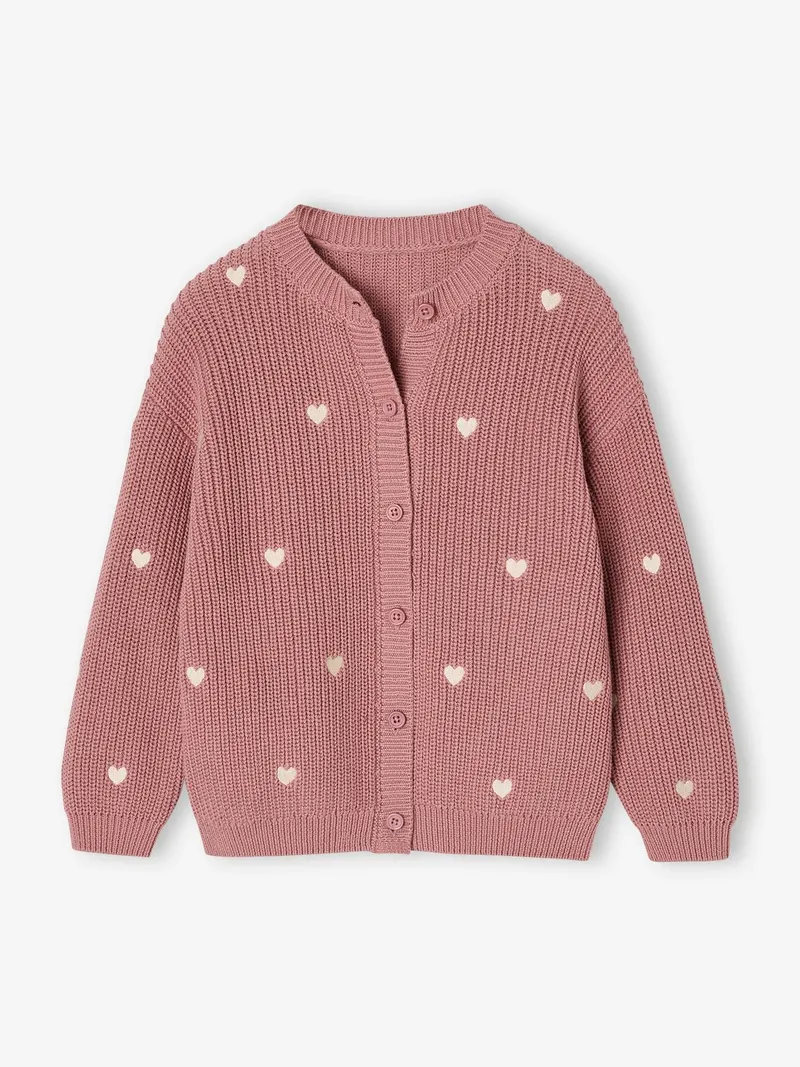 Vertbaudet Mädchen Strickjacke mit kleinen Stickereien, Altrosa herzen, – Produktbild 1 von 3