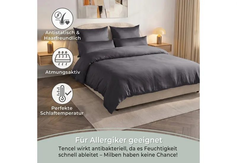 Laynenburg Bettwäsche Eukalyptus aus 100% Tencel Lyocell ab Gr. 135x200, kühlende, atmungsaktive Sommer-Bettwäsche mit Reißverschluss, Grau, – Produktbild 5 von 6