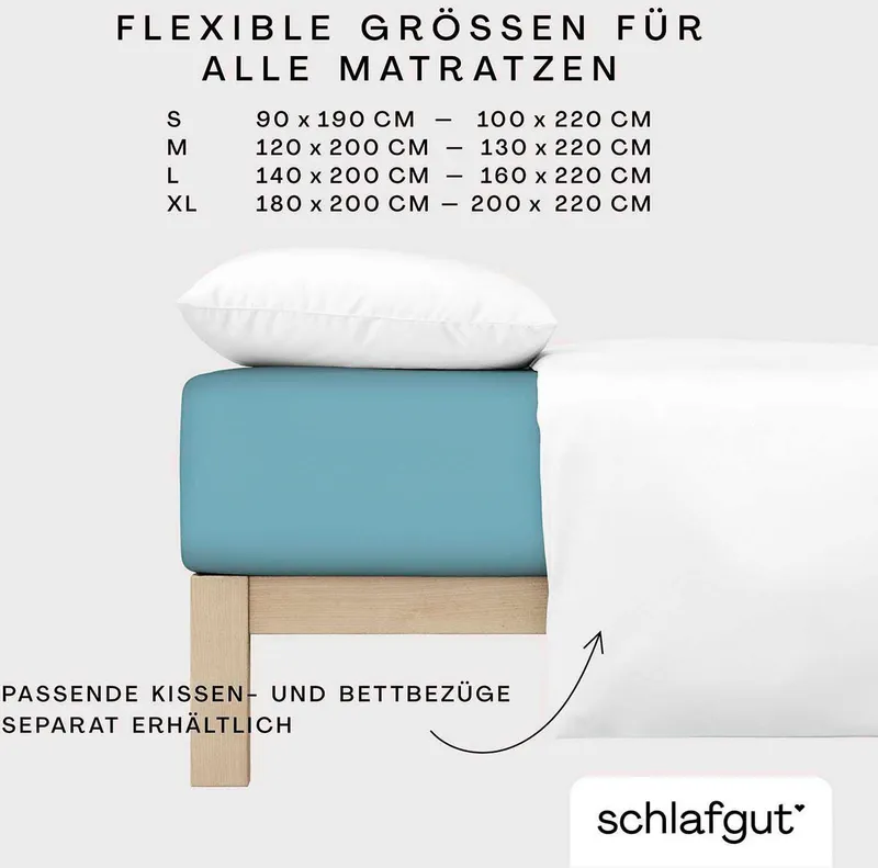 Schlafgut Schlafgut Spannbettlaken PREMIUM Mako-Zwirn-Jersey, 220 g/m², 95% Bio-Baumwolle, 5% Elasthan, Mako-Zwirn-Jersey, Gummizug: rundum, (1 Stück), Bettlaken bis 30 cm Höhe, PREMIUM-Qualität langlebig, perfekter Sitz, Blau, – Produktbild 1 von 5