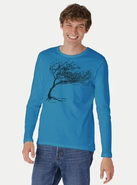Peaces.bio - handbedruckte Biomode Peaces.bio - handbedruckte Biomode Bio-Herren-Langarmshirt "Windy Tree", Türkis, – Produktbild 2 von 2