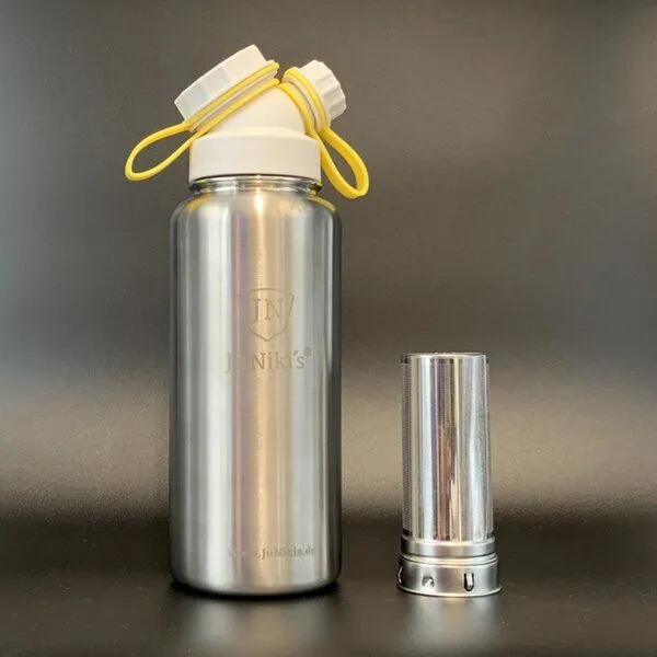 JN JuNiki's JN JuNiki's Isolierte Edelstahl Trinkflasche 1 Liter + Edelstahl-Filter, Weiss-gelb, – Produktbild 1 von 4